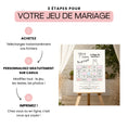 Charger l'image dans la visionneuse de la galerie, Affiche de jeu de mariage “Bingo des Amoureux” avec prénoms personnalisés, posée sur un chevalet. Une infographie explique les 3 étapes : acheter, personnaliser sur Canva, puis imprimer. L'affiche du jeu en arrière-plan est mise en scène dans un décor de cérémonie en plein air.