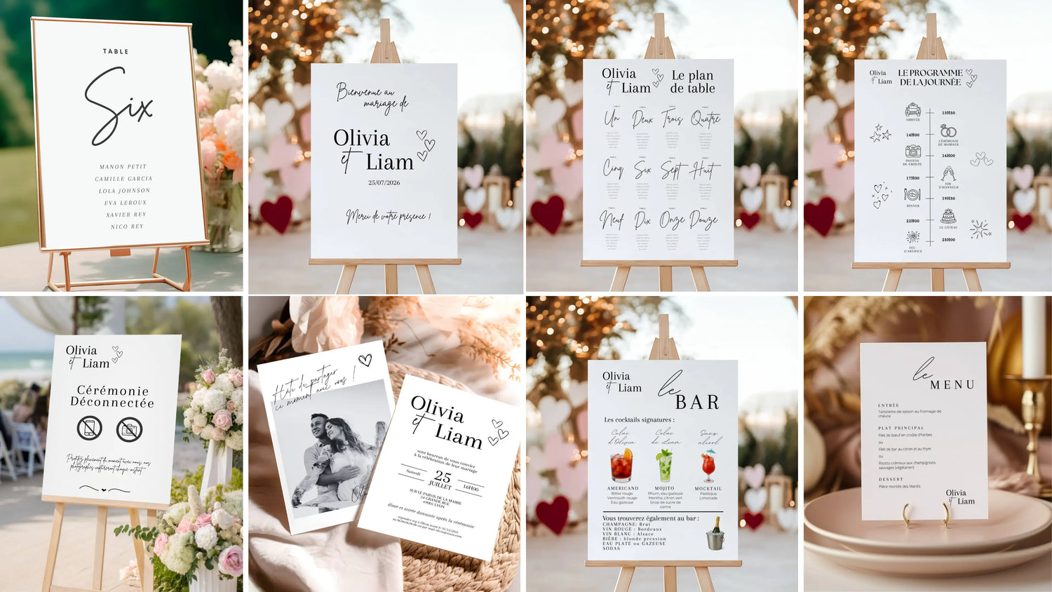 Papeterie de mariage coordonnée élégante avec panneaux de bienvenue, plan de table, programme, menu et faire-part personnalisables