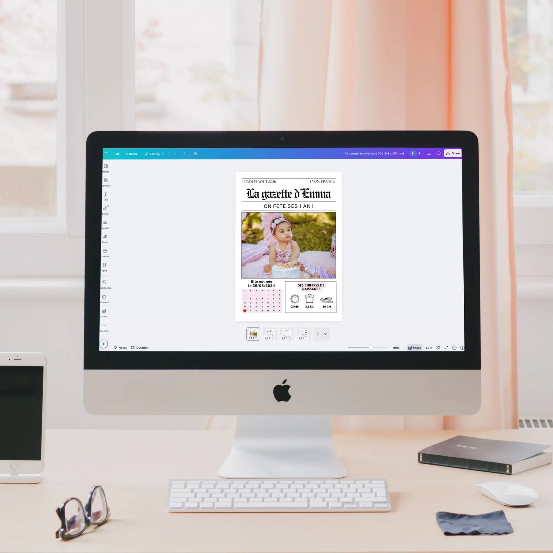 Exemple de gazette d’anniversaire enfant personnalisable sur Canva affichée sur ordinateur – modèle 1 an avec photo, chiffres de naissance et mise en page ludique