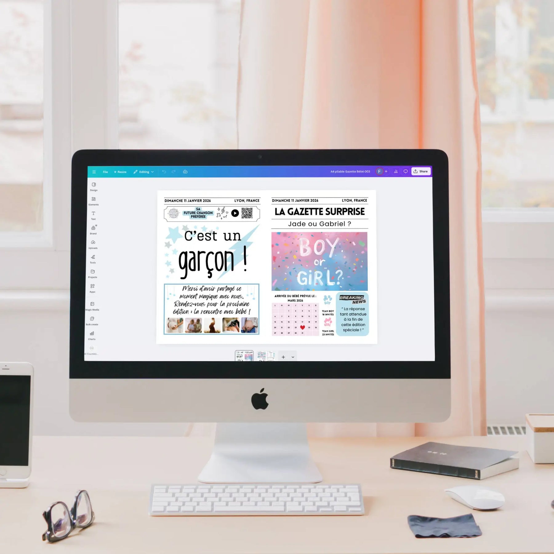 Modèle de gazette gender reveal à personnaliser sur Canva – annonce fille ou garçon avec jeux et page de révélation à imprimer
