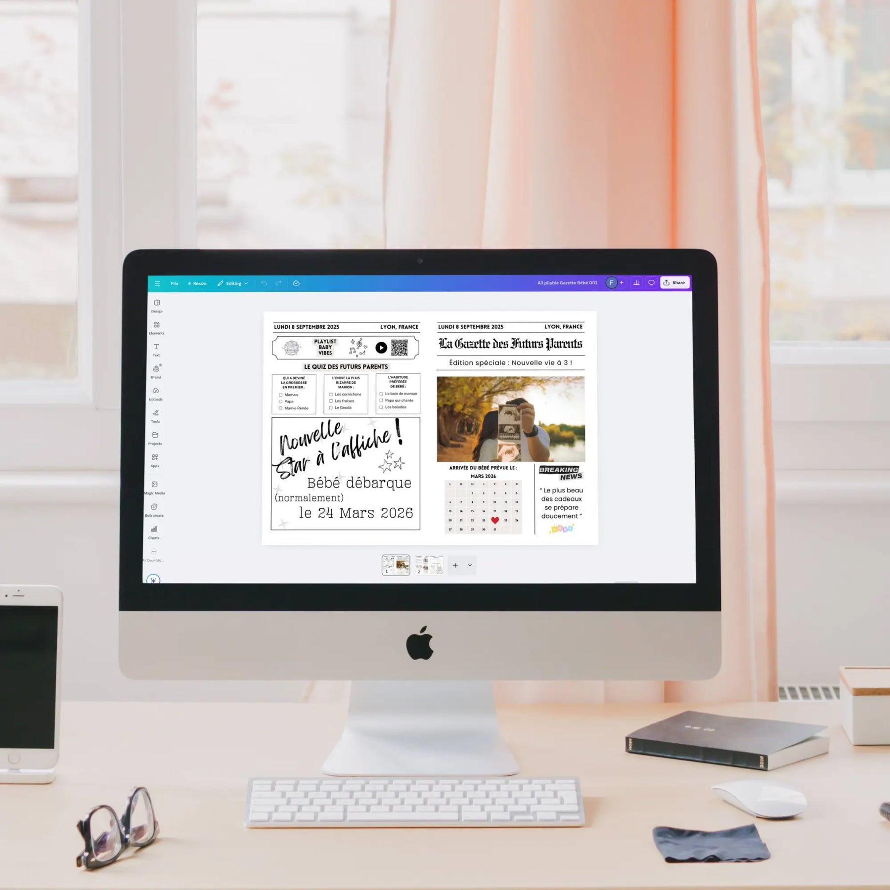 Modèle de gazette annonce naissance personnalisable sur Canva affiché sur ordinateur, édition spéciale future naissance à imprimer