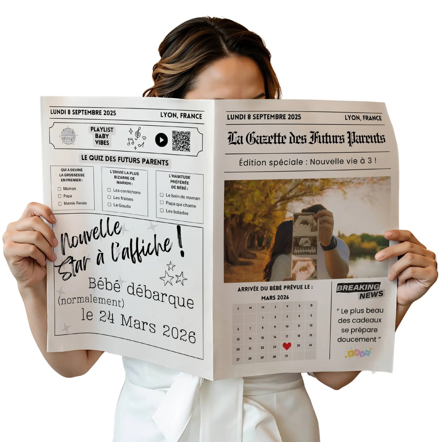Gazette annonce naissance personnalisable avec quiz des futurs parents et date prévue de l’arrivée du bébé