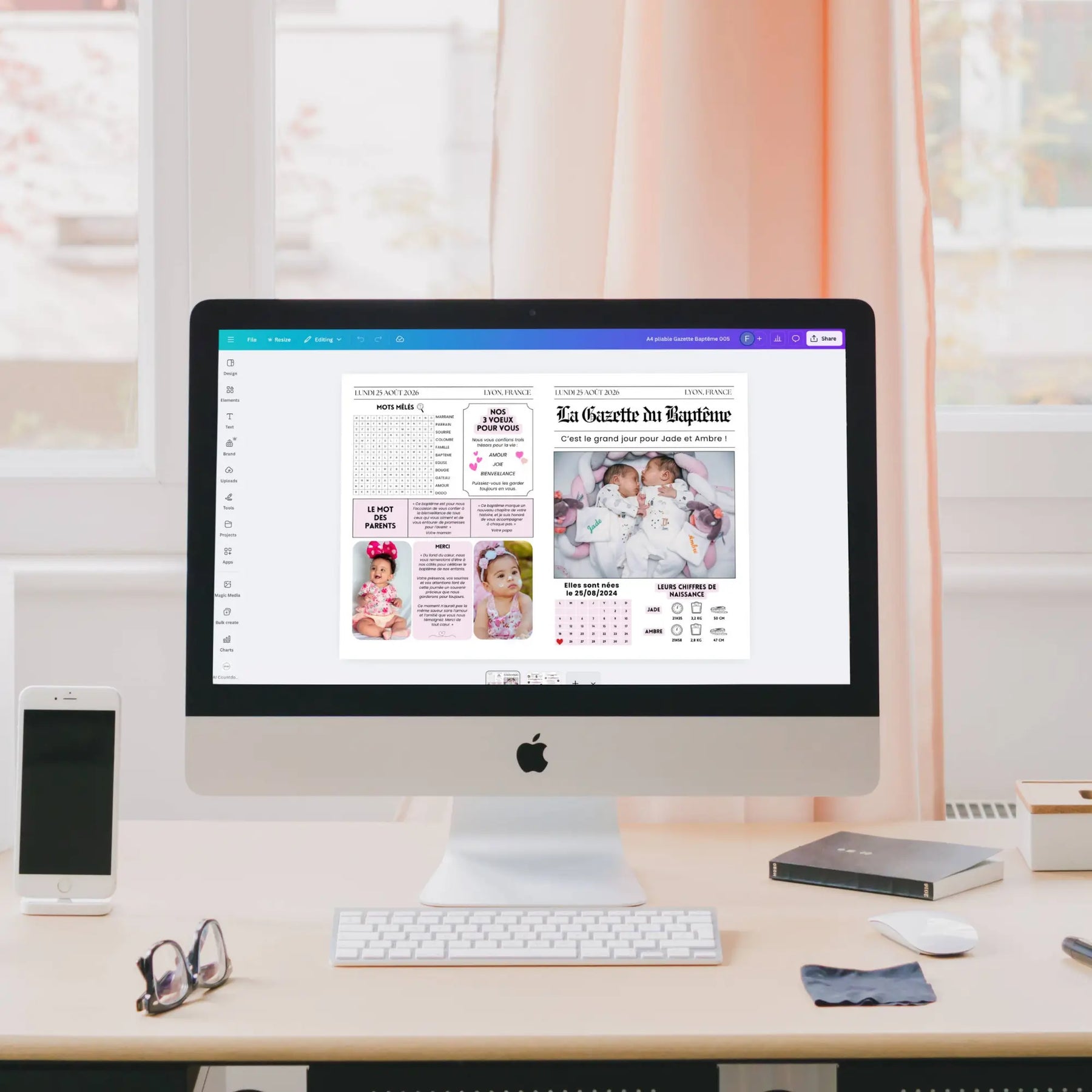 Gazette de baptême deux enfants personnalisable sur Canva affichée à l’écran d’un iMac