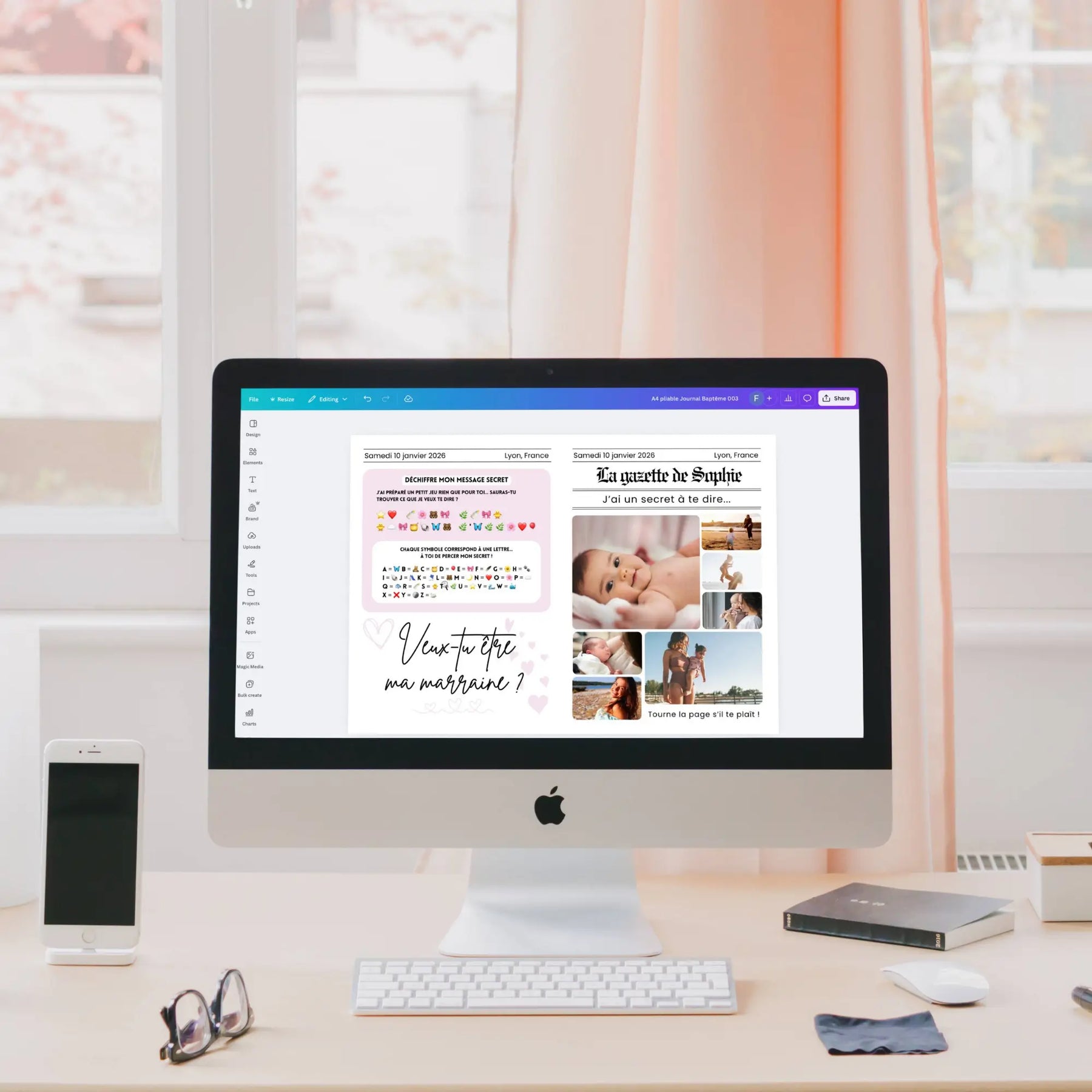 Écran d’ordinateur affichant sur Canva une gazette de baptême personnalisée avec demande “veux-tu être ma marraine ?”, photos de bébé et design façon journal rétro.