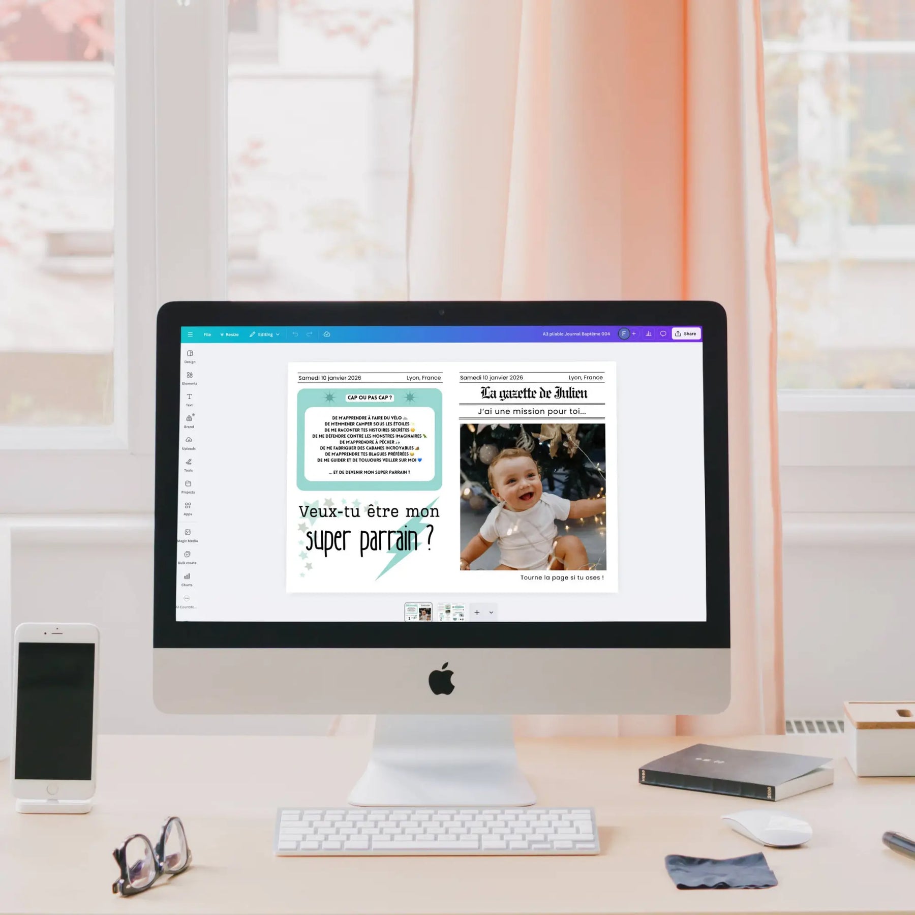 Écran d’ordinateur affichant la création Canva d’une gazette de baptême parrain avec la question “Veux-tu être mon super parrain ?” à côté d’une photo de bébé souriant.