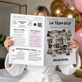 Photo d'une femme pendant un EVJF tenant une gazette personnalisé, un journal plein de jeux, infos sur la team EVJF et la future mariée.