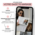 Charger l'image dans la visionneuse de la galerie, Infographie présentant les 3 étapes pour créer une gazette de mariage bohème : 1. Acheter et télécharger les fichiers, 2. Personnaliser gratuitement sur Canva (jeux, textes, photos, QR code), 3. Imprimer chez soi ou en ligne. Au centre, l’écran d’un smartphone affiche une femme élégante lisant la gazette Le monde des mariés – Le début d’une aventure, avec un quiz et une grille de mots mêlés visibles.