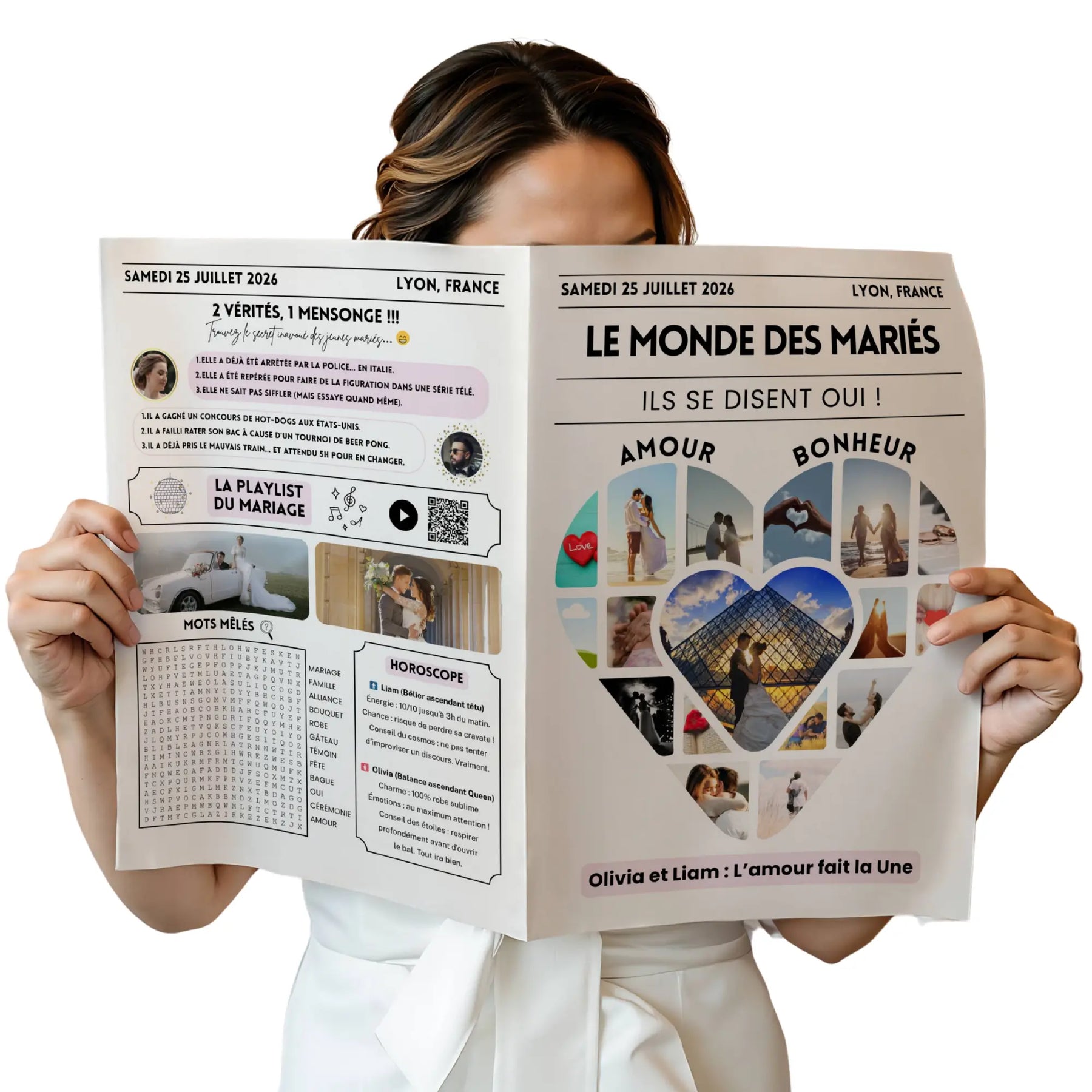 Personne en robe blanche tenant une gazette des mariés love avec un grand cœur central rempli de photos romantiques et les mots "Amour" et "Bonheur" en haut.