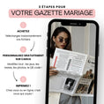 Charger l'image dans la visionneuse de la galerie, nfographie montrant les 3 étapes pour créer une gazette de mariage originale DIY : 1. Achetez et téléchargez les fichiers, 2. Personnalisez gratuitement sur Canva (jeux, textes, photos, QR code), 3. Imprimez chez vous ou en ligne.