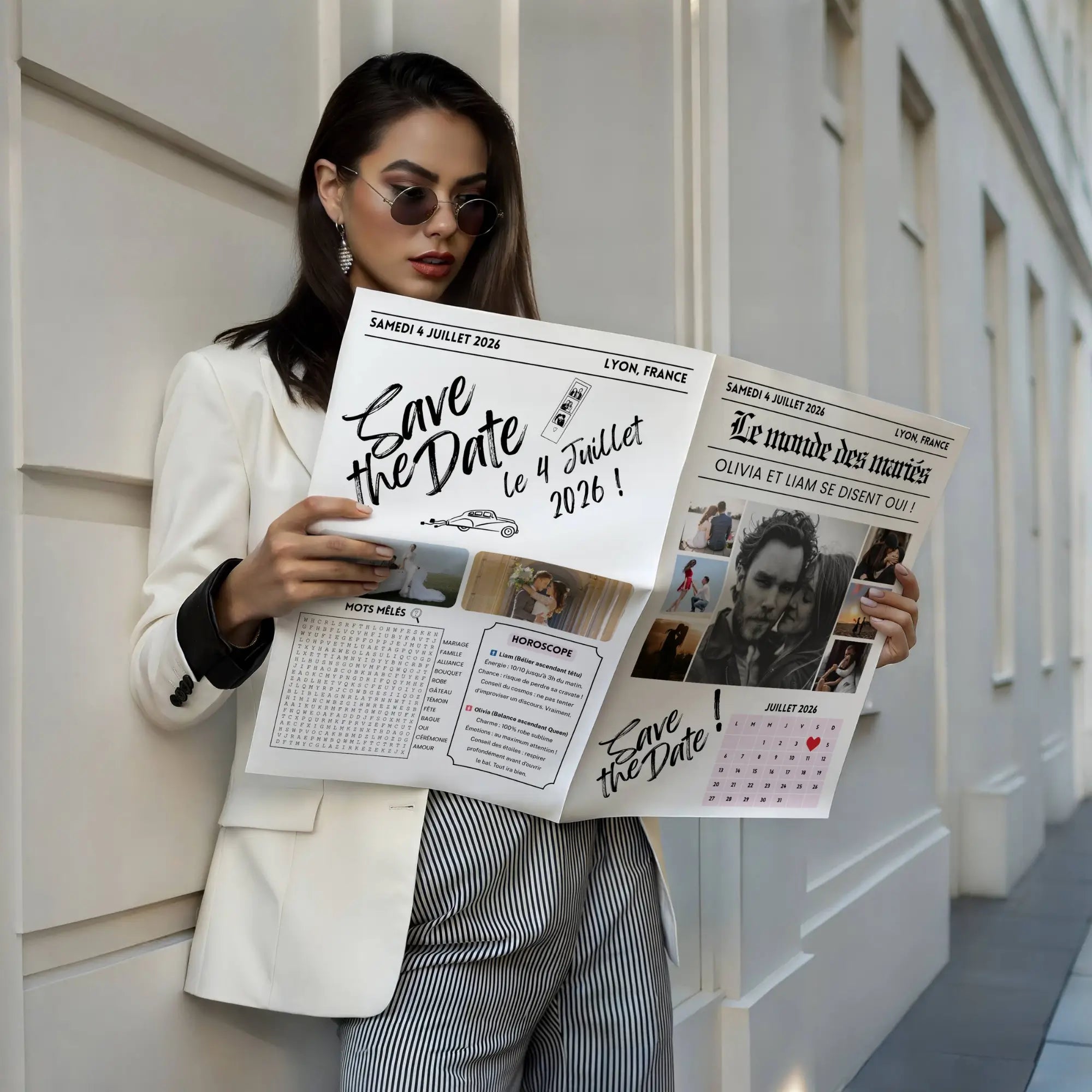 Femme brune portant des lunettes de soleil rondes, un blazer blanc et un pantalon à rayures, debout dans une rue au style urbain. Elle tient ouverte une gazette des mariés save the date.