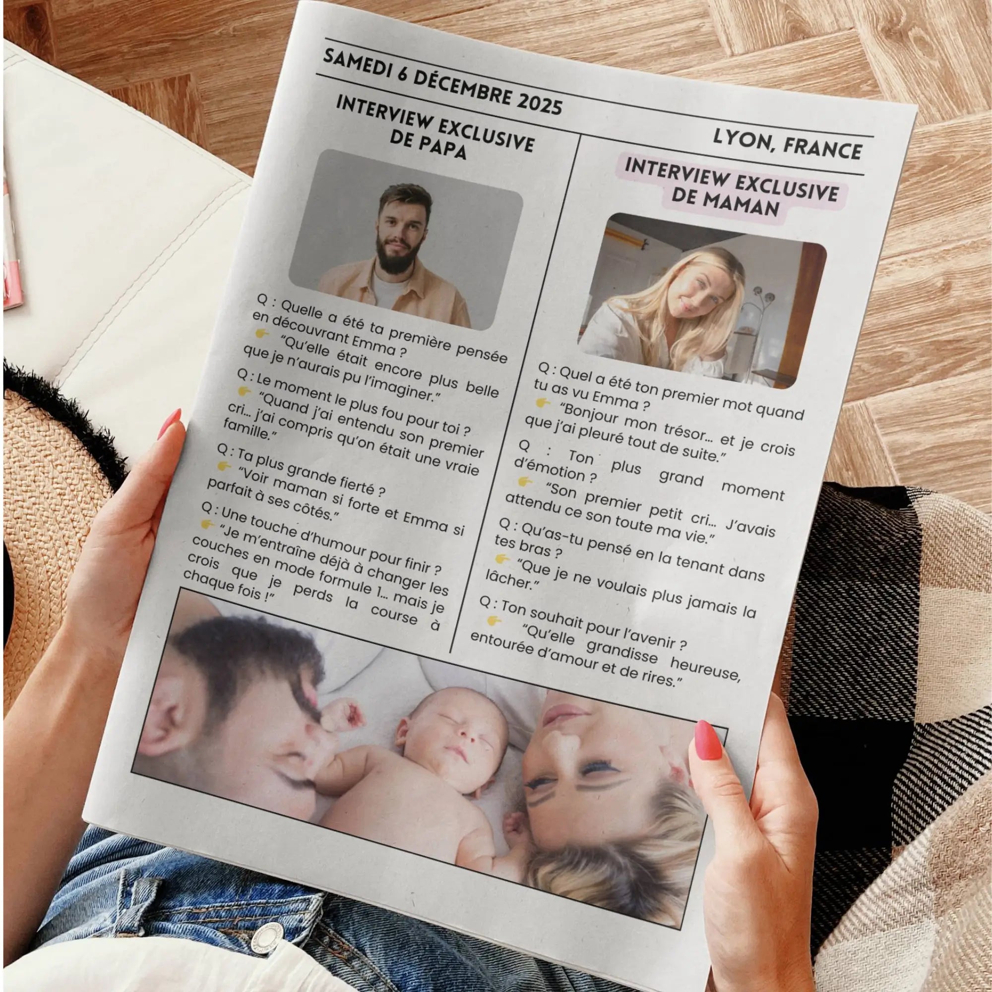 Gazette de naissance moderne avec interviews exclusives de papa et maman et photo de famille avec le bébé
