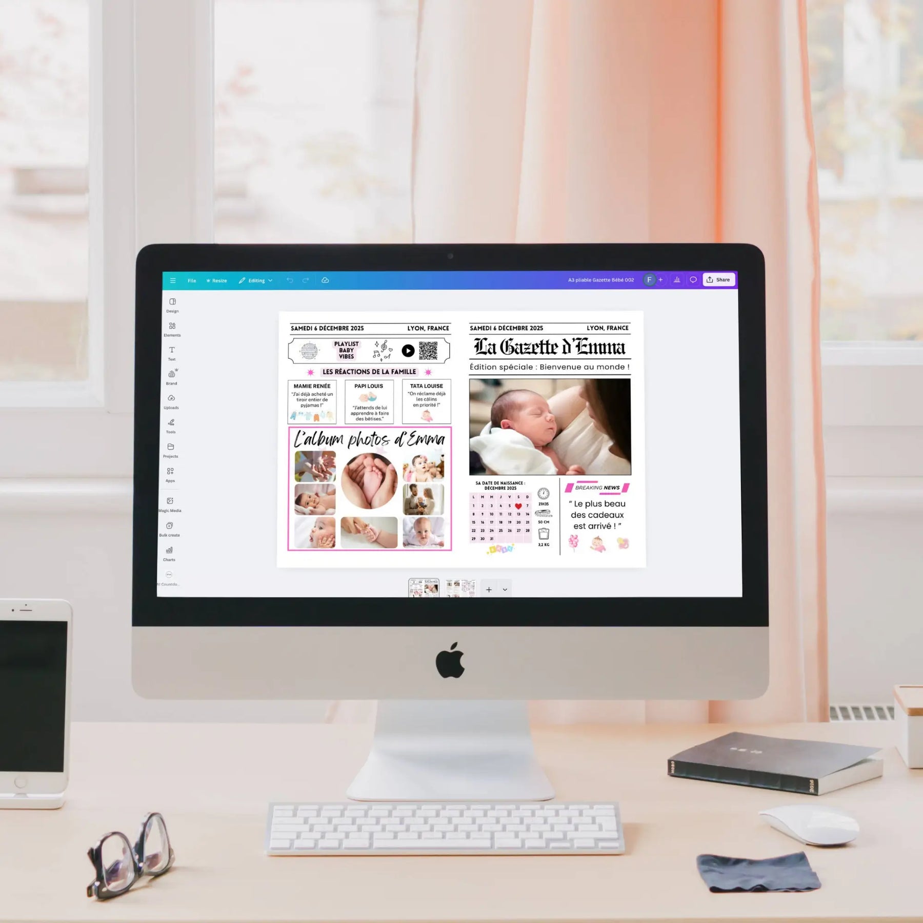 Personnalisation sur Canva d’une gazette de naissance moderne avec album photo et annonce bébé