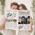 Photo d'une femme tenant dans la main la gazette save the date mariage, un journal personnalisé par le couple qui l'annonce parfaite pour le mariage.
