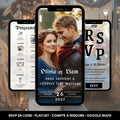 Photo de 3 smarthphones montrant un faire-part mariage thème médiéval avec RSVP intégré et le programme du mariage.