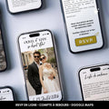 Aperçu de l’invitation mariage originale digitale avec photo, lien RSVP et liste de cadeaux affichés sur smartphones.