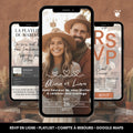 Visuel montrant 3 vues d'une invitation digitale mariage au thème bohème terracotta avec RSVp et playlist musicale.