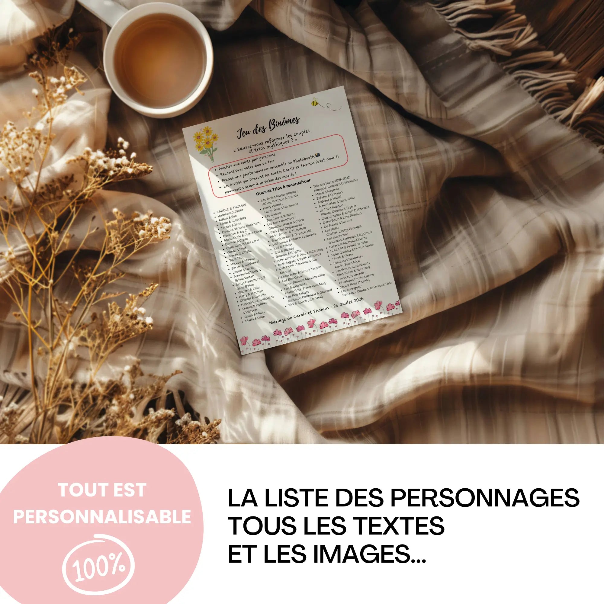 Jeu des binômes mariage personnalisable sur Canva – affiche avec liste de personnages à modifier selon vos invités