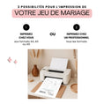 Charger l'image dans la visionneuse de la galerie, Imprimante posée sur un bureau moderne imprimant un jeu de mariage “D’où viennent nos invités ?”, avec options d’impression maison ou professionnelle illustrées.