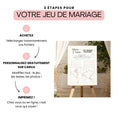 Charger l'image dans la visionneuse de la galerie, Tutoriel visuel en trois étapes pour personnaliser et imprimer un jeu de mariage “D’où viennent nos invités ?”, avec un panneau sur chevalet illustrant le jeu et des explications Achat – Personnalisation Canva – Impression.