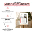 Charger l'image dans la visionneuse de la galerie, Infographie élégante intitulée « 3 étapes pour votre jeu de mariage » sur fond clair. En haut un bandeau rose avec le titre. Sur la gauche, trois étapes : 1. Achetez – téléchargez instantanément vos fichiers ; 2. Personnalisez gratuitement sur Canva – modifiez le jeu, les textes, les photos ; 3. Imprimez – chez vous ou en ligne. À droite, un chevalet en bois exposant un panneau personnalisé avec le jeu « Qui de nous deux ? ».