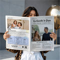 Femme avec un chapeau tenant une gazette diy anniversaire papa, une invitation originale avec playlist qr code, jeux personnalisés et photos.