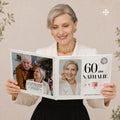 Livre d'or anniversaire 60 ans personnalisable tenu ouvert par une femme souriante