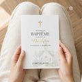 Couverture livret de messe baptême personnalisable avec église et croix dorée
