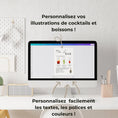 Charger l'image dans la visionneuse de la galerie, Écran d’ordinateur affichant un modèle de menu bar de mariage personnalisable sur Canva. Possibilité de modifier les textes, polices, couleurs et illustrations de cocktails et boissons comme mojito, spritz ou americano. Papeterie de mariage moderne et personnalisée.