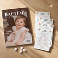 Photo du pack baptême avec magazine personnalisé et jeux à imprimer.