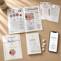 Pack baptême personnalisable avec gazette, jeux, panneau de bienvenue, livret de messe et invitation digitale à modifier sur Canva.