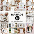 Pack papeterie mariage complet 25 modèles personnalisables sur Canva : invitations, menus, numéros de table, programmes, livre d’or, panneaux, jeux et remerciements.