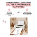 Charger l'image dans la visionneuse de la galerie, Guide impression papeterie de mariage personnalisable : deux options, impression à la maison aux formats A4, A5 ou A6, ou impression professionnelle tous formats. L’image montre une imprimante sortant un panneau de mariage “Livre d’Or” avec design élégant en noir et blanc, prénoms Olivia et Liam. Idéal pour panneaux, affiches et signalétiques de mariage.