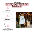 Charger l'image dans la visionneuse de la galerie, Visuel explicatif en trois étapes pour personnaliser sa papeterie de mariage. Étape 1 : acheter et télécharger les fichiers. Étape 2 : personnaliser gratuitement sur Canva les textes, polices et couleurs. Étape 3 : imprimer chez soi ou en ligne. Exemple avec un panneau “Livre d’Or” personnalisé Olivia & Liam, posé sur un chevalet en bois et décoré d’un tissu vert, dans une ambiance champêtre avec guirlandes lumineuses.