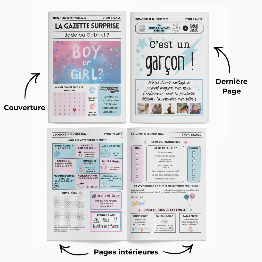 Gazette gender reveal 4 pages à personnaliser sur Canva, avec jeux, pronostics et réactions de la famille