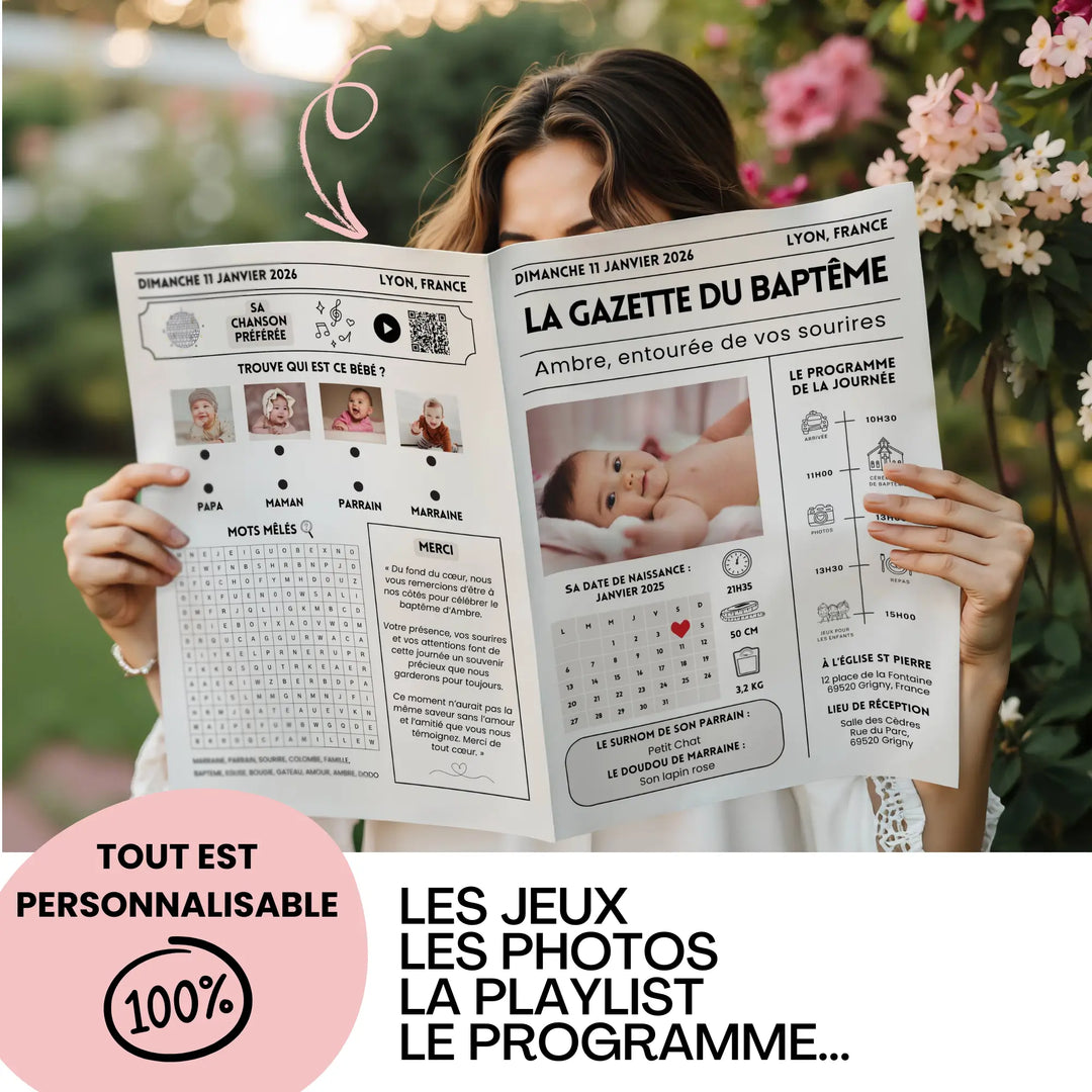 Photo d'une gazette baptême personnalisée, vous pouvez modifier les jeux, photos, textes, playlist, programme.