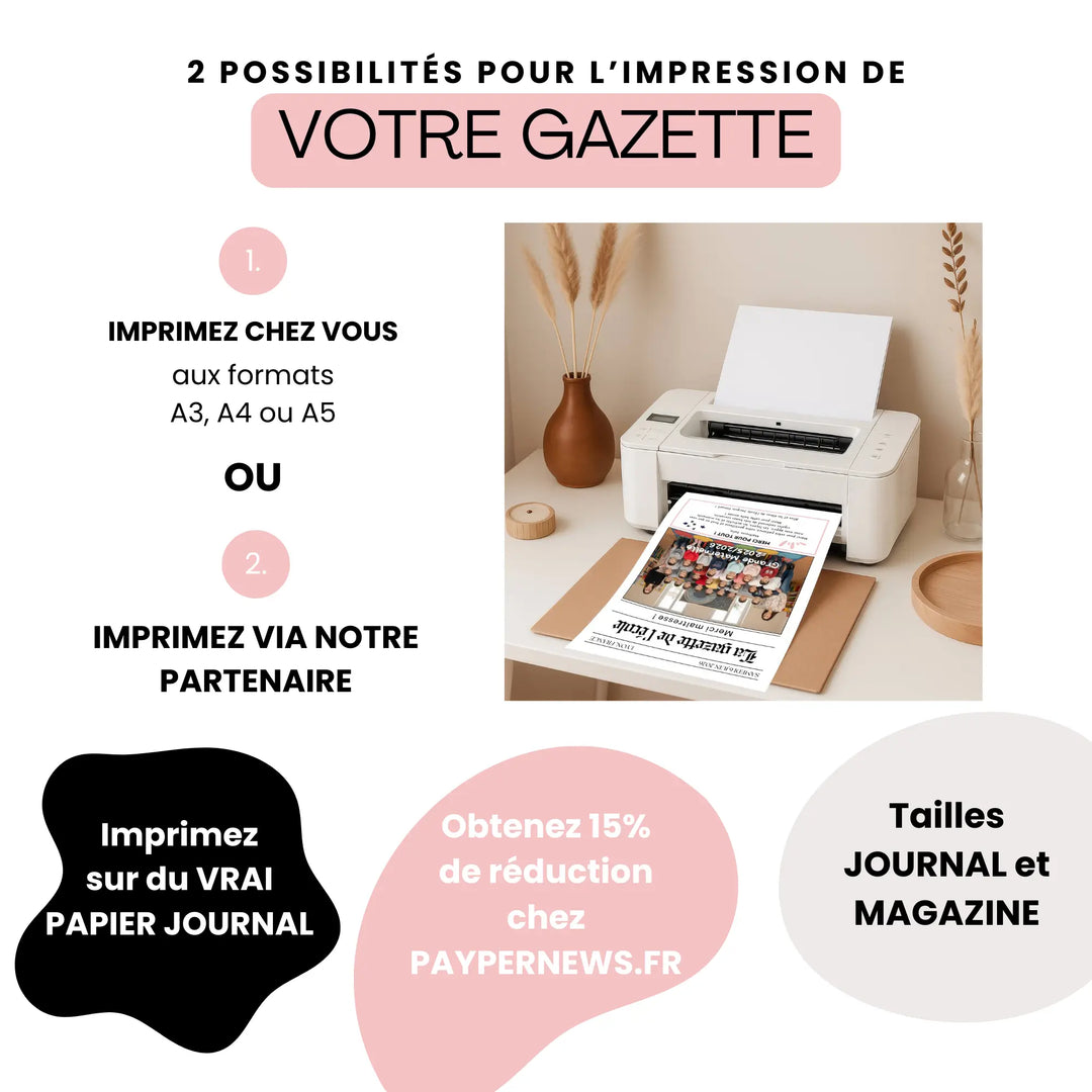 gazette merci maitresse imprimée papier journal ou maison formats A4 A5 A3 modèle cadeau maitresse atsem prêt à imprimer PDF