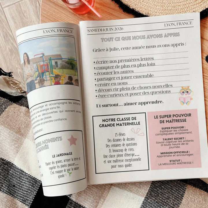 gazette maitresse souvenir classe avec photos enfants messages et activités modèle Canva personnalisable