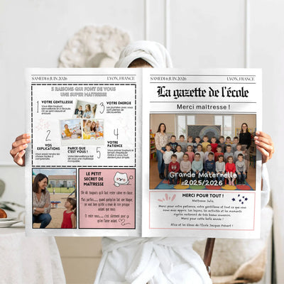 journal maitresse personnalisé tenu dans les mains avec photos classe souvenirs message enfant modèle gazette atsem professeur