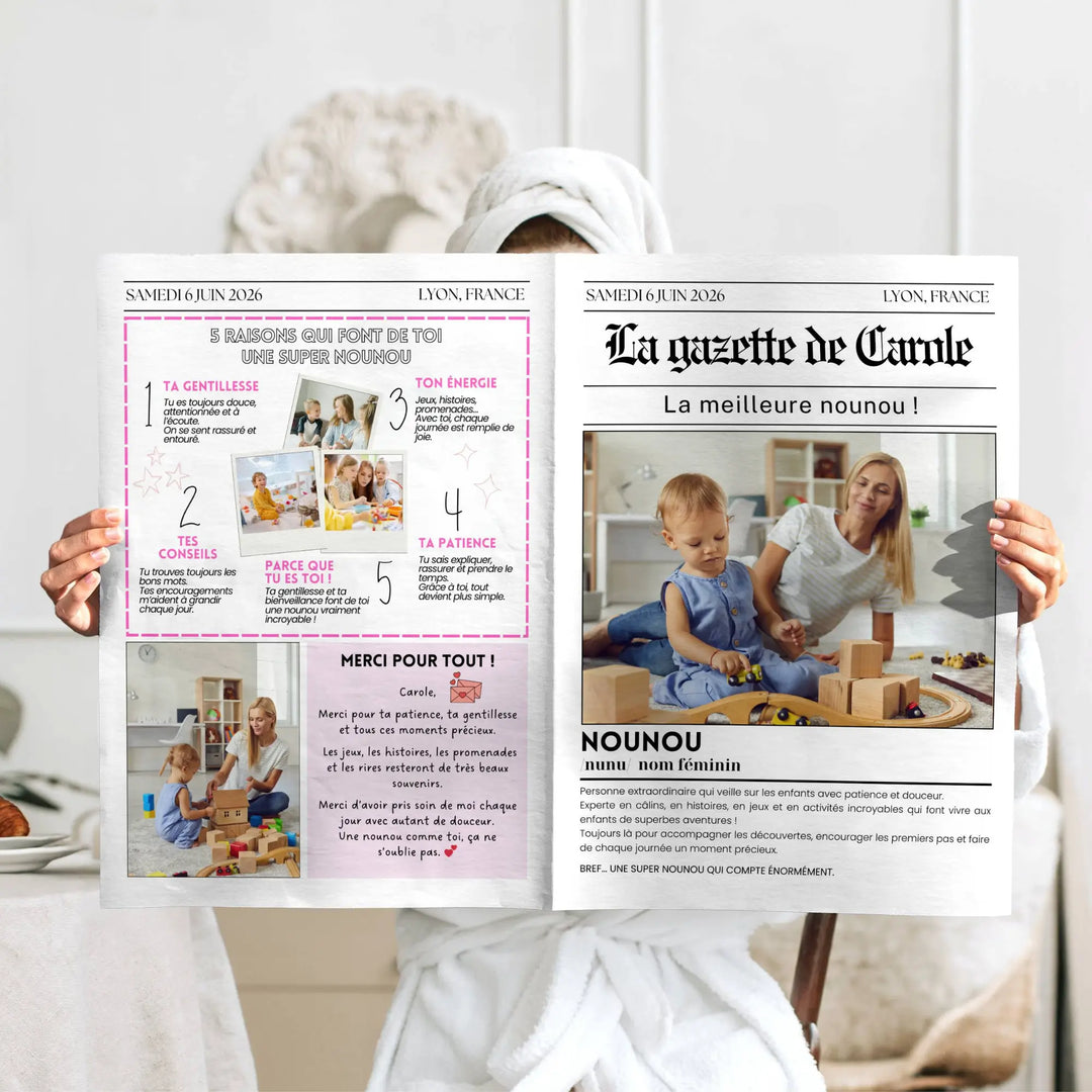 Photo d'une femme tenant la gazette merci nounou, cadeau personnalisé pour remercier la nounou.