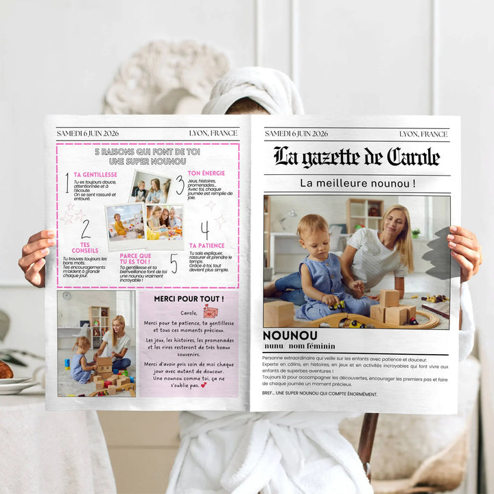 Photo d'une femme tenant la gazette merci nounou, cadeau personnalisé pour remercier la nounou.