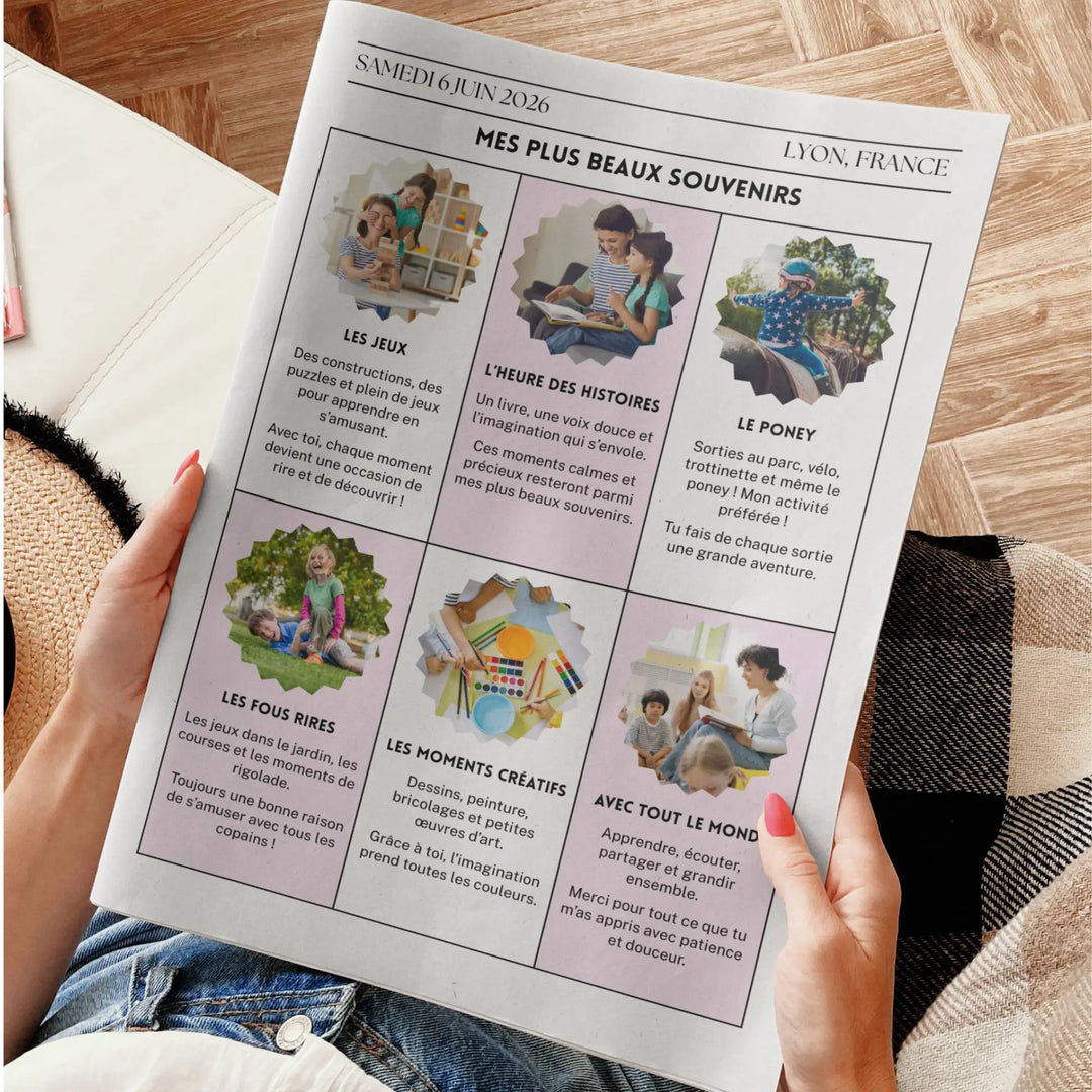 Photo d'un journal de remerciement nounou avec les meilleurs moments passés avec l'assistante maternelle.