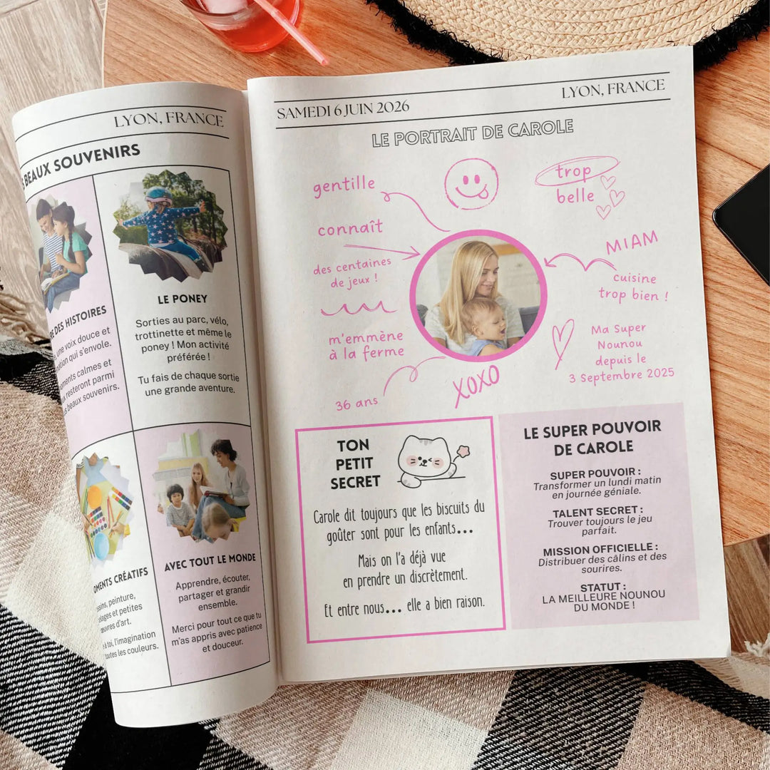 Cadeau merci nounou original, journal avec photos, prénom, anecdotes sur la nounou et votre enfant.