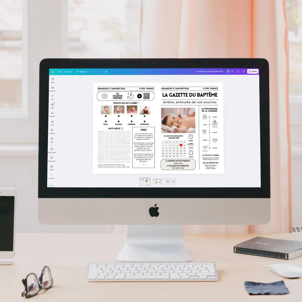 Photo d'un écran d'ordinateur sur Canva, une personnalisation de gazette de baptême est en cours