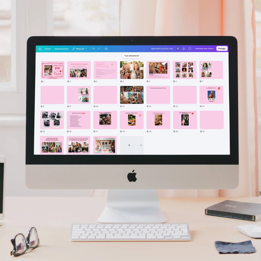 Photo de l'écran Canva avec toutes les pages personnalisables du livre d'or EVJF Love de Template Boutique Cie.