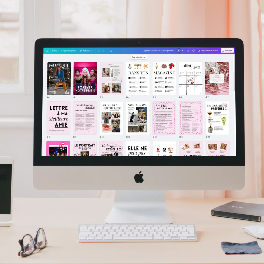 Ordinateur avec un écran canva montrant les pages d'un magazine personnalisable pour l'anniversaire de sa bestie.