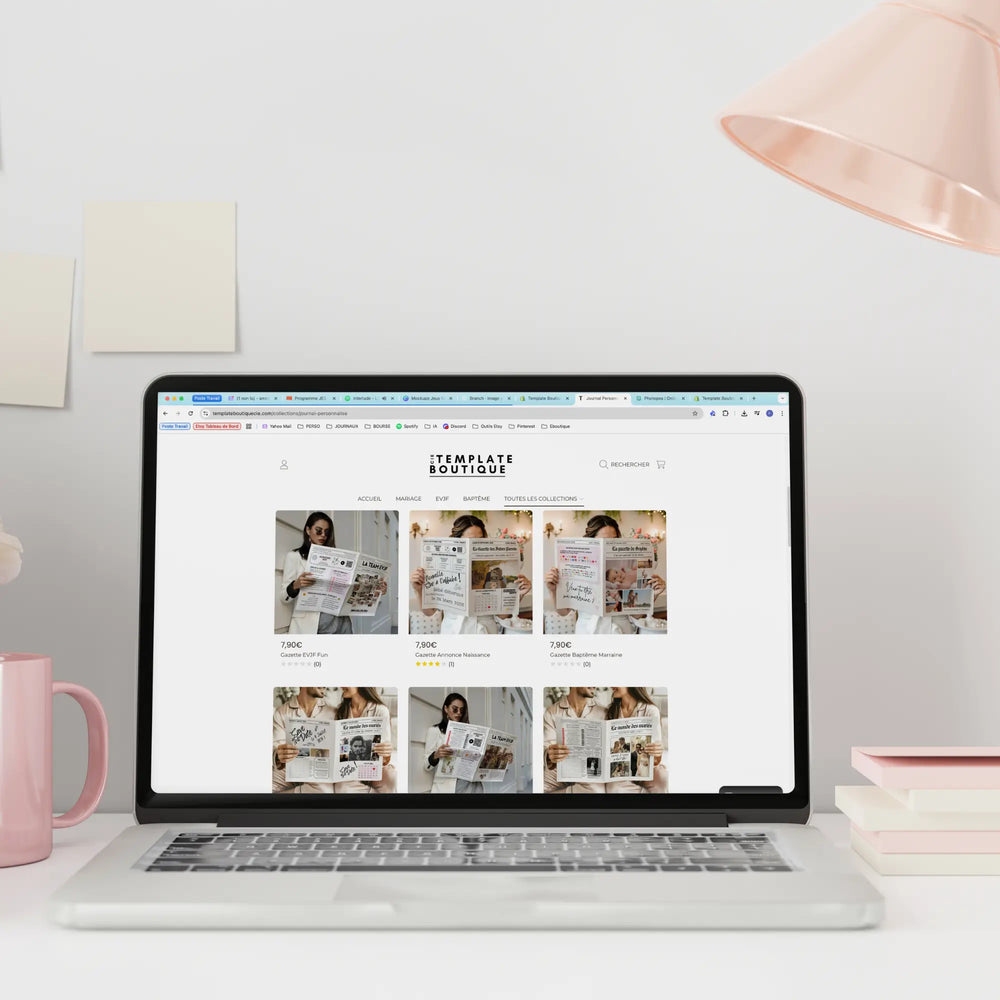Photo d'un écran d'ordinateur sur le site Template Boutique Cie avec touts les modèles de gazettes.