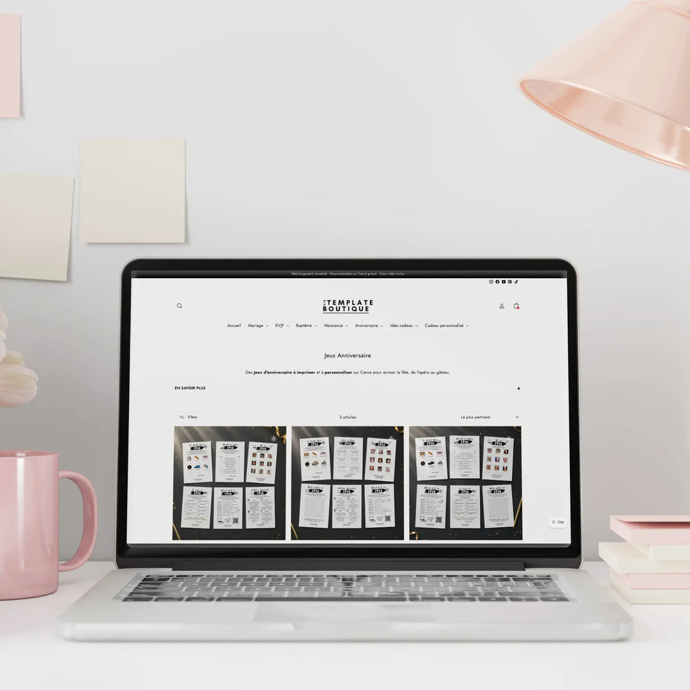 Écran d'ordinateur affichant la collection des packs jeux anniversaire par année sur le site Template Boutique Cie