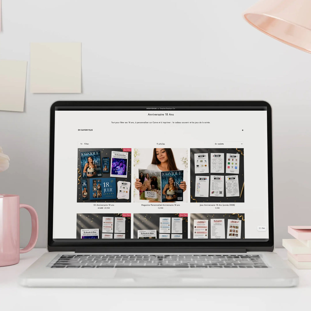 Collection Shopify de kits anniversaire 18 ans personnalisables sur Canva