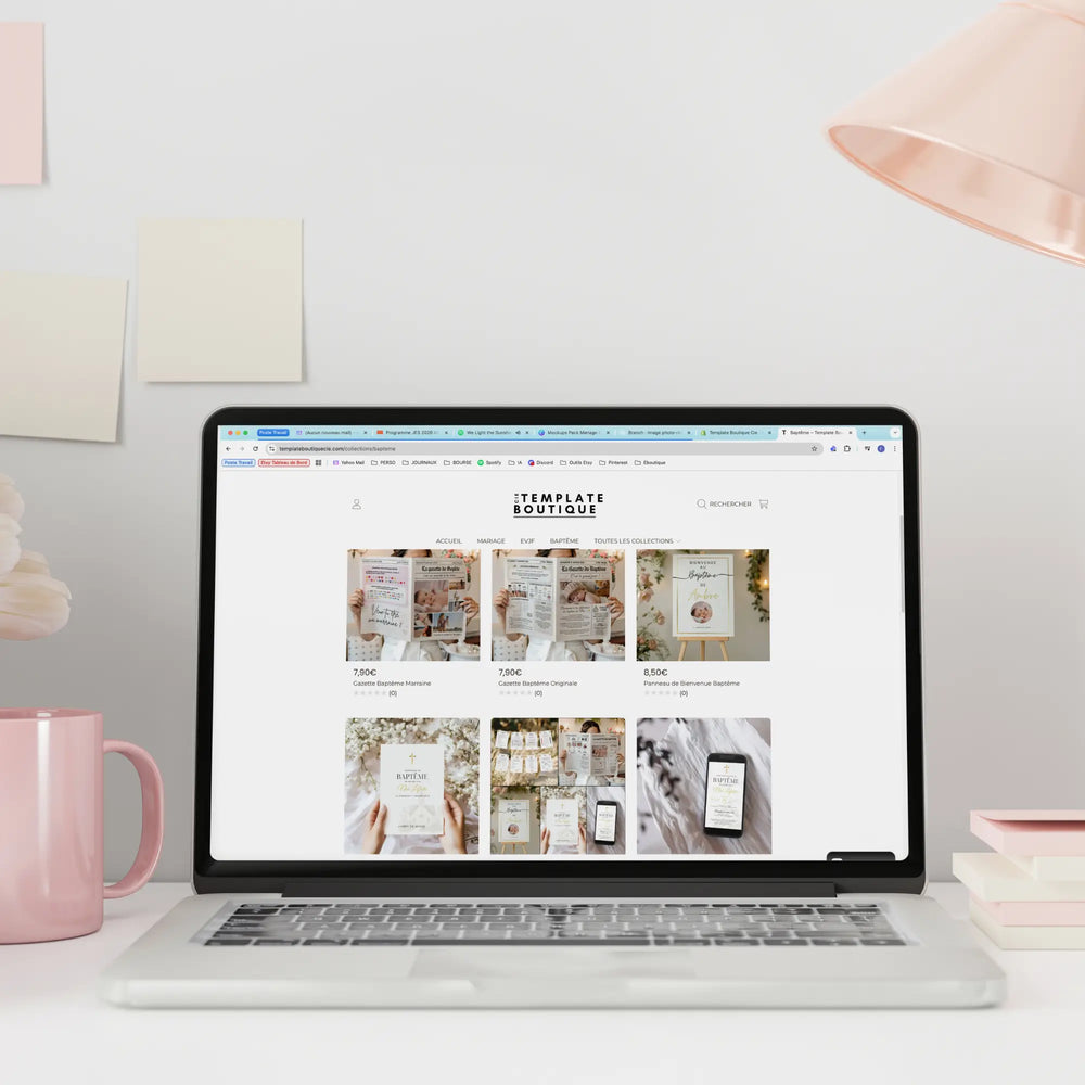 Photo d'un écran d'imac sur le site Template Boutique Cie avec tous les modèles baptême