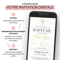 Charger l'image dans la visionneuse de la galerie, Invitation digitale de baptême à personnaliser sur Canva, montrée en 3 étapes simples sur un smartphone moderne.

